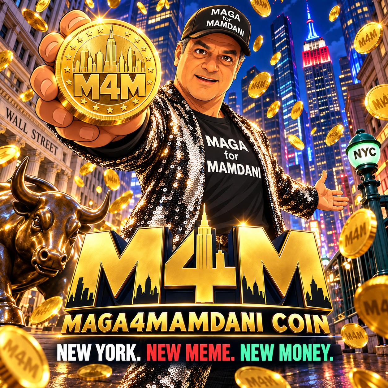 Anime M4M mascot holding a gold M4M coin in New York City